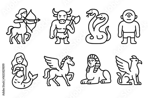 Mythical Creatures Outline Icon Set. Centaur, Minotaur, Hydra, Cyclops, Siren, Pegasus, Sphinx, Griffin. Ancient Greek Legend, Fantasy Beast, Monster, Fairy Tale, Vector Illustration Isolated