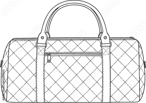 Stylish quilted duffle bag, CAD drawing, flat vector illustration, fashion accessory sketch, detailed design, creative project, zipper pocket, handles