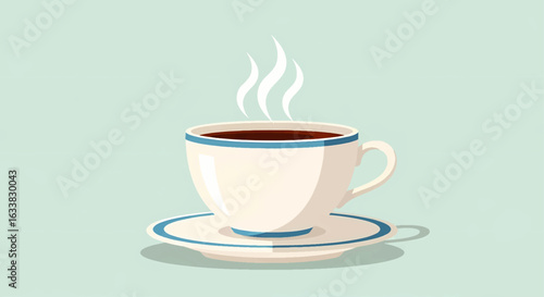 A simple vector illustration of a steaming hot cup of coffee or tea. A white ceramic mug with a warm dark beverage sits on a saucer against a plain background.