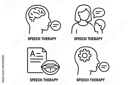 Speech Therapy Icons Set. Outline vector illustration of neurorehabilitation, language disorders, brain, cognitive function, communication, speech pathology, therapy session, child speech development