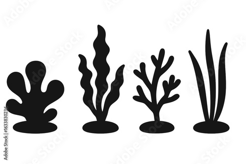 Solid Silhouette Vector Set of 4 Ocean Flora Icons: Tidal Pool Green Algae, Brown Kelp, Red Seaweed, Seagrass Blades. Underwater Aquatic Plants for Marine Biology, Nature, Ocean Life Themes