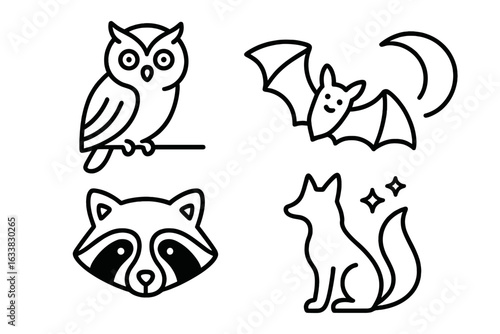 Nocturnal Animal Outline Icon Set. Owl Perched on Branch, Bat Flying with Crescent Moon, Raccoon Face, Fox Sitting Silhouette with Stars. Night Wildlife Vector Illustration. Minimalist Line Art.
