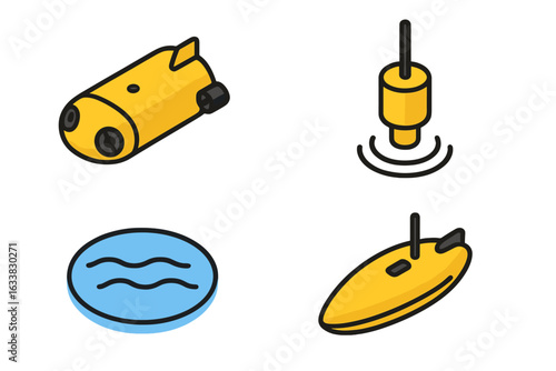 Oceanographic Drone Survey Vector Icons Set. Isometric Marine Exploration Drones, Underwater Robot, Sonar Transmitter Buoy, Autonomous Surface Vehicle, Ocean Sensing Technology, Science Equipment