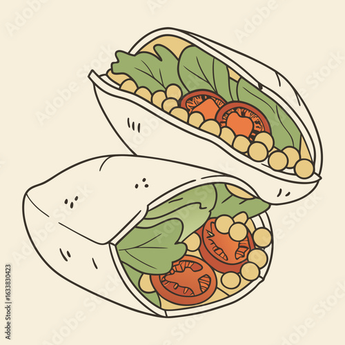 Wrap filled with spinach, tomatoes, and chickpeas on beige background  