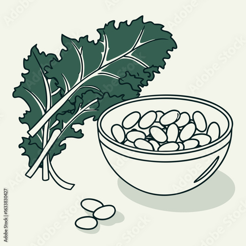 Kale leaves and bowl of white beans on light background  