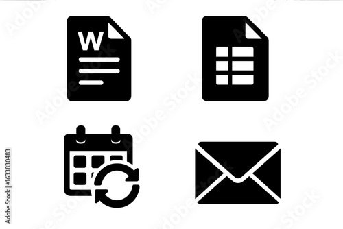 Office software icons set. Solid filled vector icons of word processor, spreadsheet, calendar sync, email client. Business workflow, digital productivity, corporate communication tools illustration