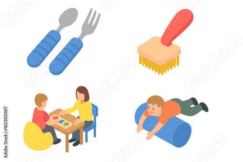 Occupational Therapy Tools Isometric Vector Set. Adaptive Utensils, Sensory Brush, Sensory Integration Activities, Therapist and Child Session. Special Needs Intervention, Pediatric OT Equipment