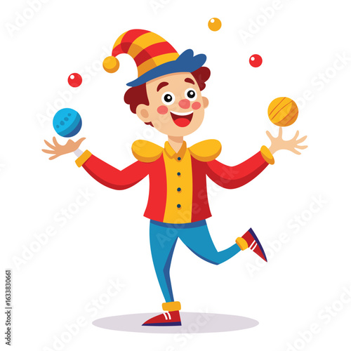 A funny cartoon man dressed as a clown juggling balls, representing fun, entertainment, and a playful attitude.