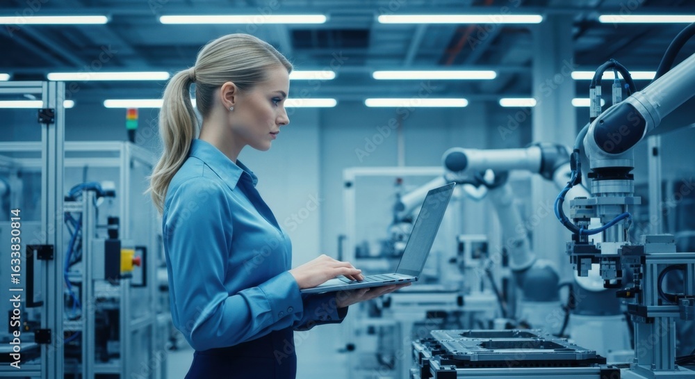 Engineer using laptop for robot programming in factory automation, industrial manufacturing process control and system development Engineer using laptop for robot programming in factory automation, industrial manufacturing process control and system development