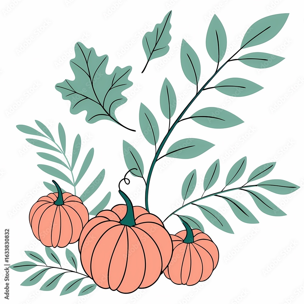 Naklejka premium Illustration of three pumpkins surrounded by various leaves, creating an autumnal or harvest-themed composition.