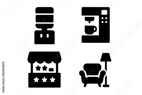 Modern Office Amenities Vector Icons Set. Water Cooler, Coffee Machine, Snack Bar, Lounge Chair with Lamp. Solid Filled Minimal Silhouette Pictograms. Workplace Environment Essentials Illustration