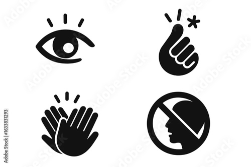 Nonverbal Communication Icons Set. Eye Blink, Finger Snap, Hand Clap, Silent Gesture Symbol Collection. Body Language, Silent Signals, Gestures Without Words. Isolated Vector Illustration
