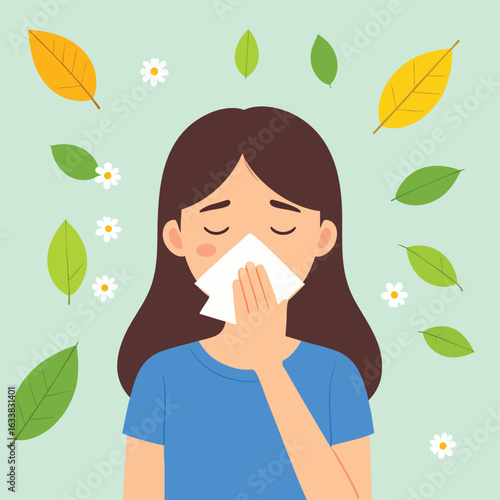 A woman suffering from allergies, sneezing while surrounded by leaves and flowers.