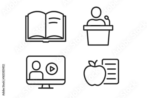 Nutrition Education Outline Icon Set, Open Book, Lecture Podium, Online Video Tutorial, Healthy Food Apple and Document, Educational Training Resources, Editable Vector Illustration