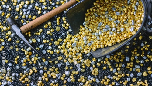 Gold and silver nuggets scattered on dark surface, with tools and container