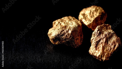Three rough gold nuggets on dark surface