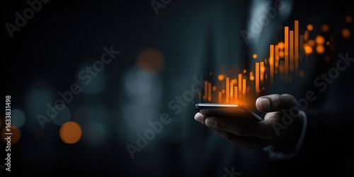 Businessman holding phone with glowing financial charts