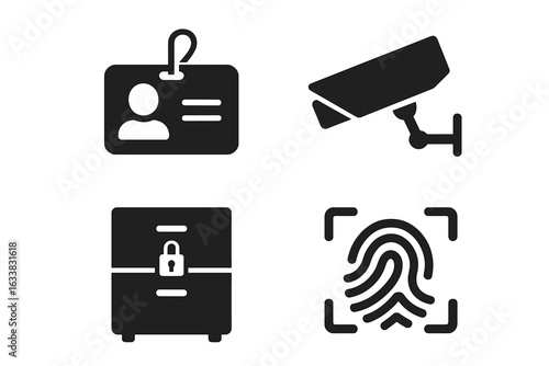 Office Security Icons Set. Solid Vector Illustrations of Access Keycard, Surveillance Camera, Locked Drawer, Biometric Fingerprint. Workplace Safety, Access Control, Secure Data Storage Concepts