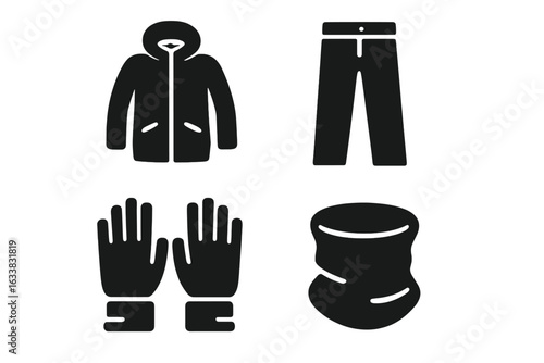 Off-Piste Ski Clothing Icons Set. Solid Vector Illustration of Winter Outerwear: Insulated Jacket, Ski Pants, Gloves, Neck Gaiter. Cold Weather Gear. Minimal Style. Black Silhouette Outfit Icons