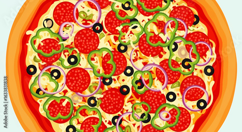 Top-down view illustration of a classic supreme pizza with fresh pepperoni and vegetable toppings.