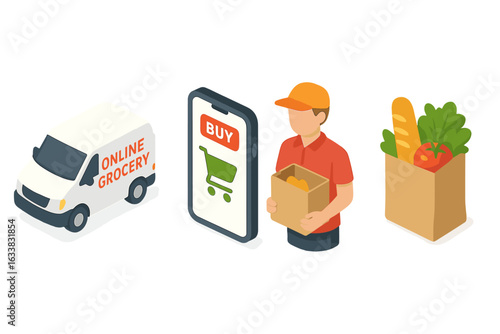 Isometric Online Grocery Delivery Icons Set. Delivery Van, Mobile App Buy Button, Courier Holding Box, Shopping Bag with Fresh Food. E-commerce Market, Home Delivery, Contactless Shopping Vector