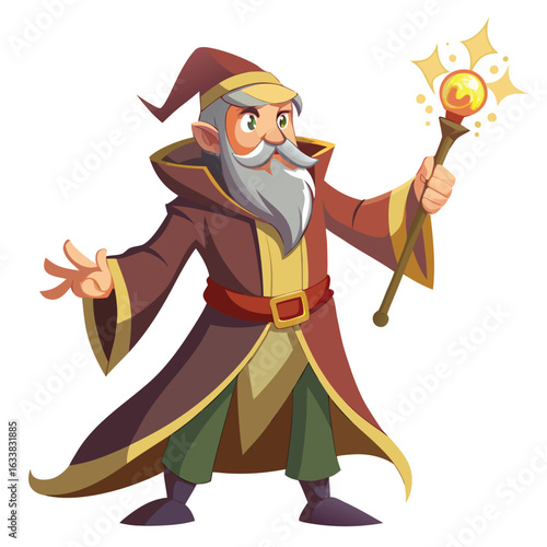 A magical cartoon man dressed as a wizard casting a glowing spell, representing magic, fantasy, and power.