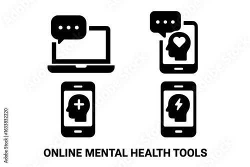 Online mental health support tools icons set, solid filled vector illustrations of digital therapy, chat laptop, smartphone with mental health app, and online counseling symbols