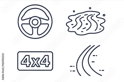 Off-road driving outline icon set, steering wheel POV, muddy terrain, 4x4 symbol, skid marks, vector automotive elements, adventure vehicle icons, rugged transport, transparent background