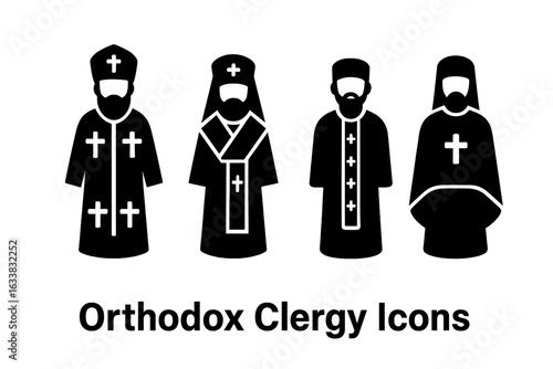 Orthodox Christian Clergy Icons Set. Solid Silhouette Illustrations of Eastern Orthodox Priest and Bishop Vestments Including Sakkos, Omophorion, Epitrachelion, Phelonion. Religious Attire Vector