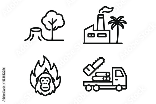 Deforestation and Threats to Orangutans Vector Icons Set. Endangered Species, Biodiversity Loss, Palm Oil Industry Factory, Logging, Chainsaw, Fire, Rainforest Destruction, Outline Illustration