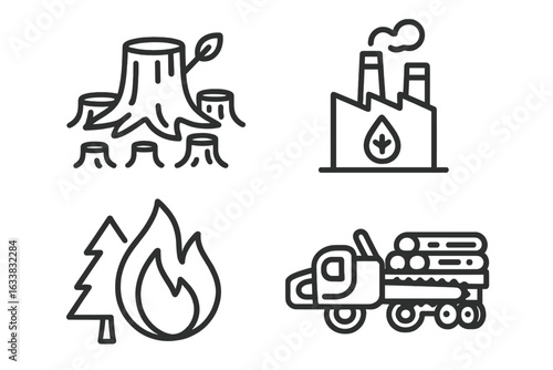 Deforestation Environmental Threat Icons Set. Forest Destruction, Palm Oil Factory, Wildfire, Logging Truck. Outline Vector Illustration. Conservation, Endangered Species, Habitat Loss