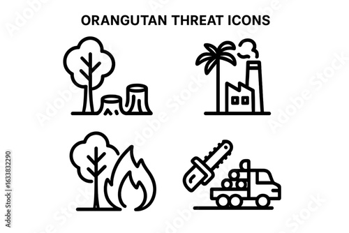 Orangutan Threat Vector Icons Set. Deforestation, Palm Oil Plantation, Forest Fire, Illegal Logging, Endangered Wildlife, Environmental Destruction, Conservation Concept, Outline Black Line Art