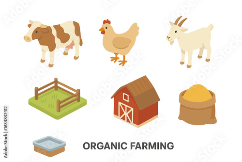 Organic farming livestock isometric vector set. Cow, chicken, goat, pasture, barn, feed sack, water trough. Eco agriculture, farm animal husbandry, rural farming icons. Transparent background.