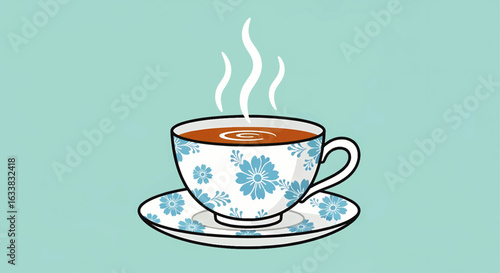 Hot steaming tea in a beautiful blue floral patterned teacup on a saucer. Vector illustration of a comforting warm drink.