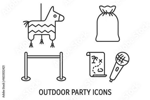 Outdoor party games vector icons set. Line art illustrations of pinata, sack race bag, limbo stick, treasure hunt map, microphone for karaoke. Fun summer activities, children’s outdoor event symbols.