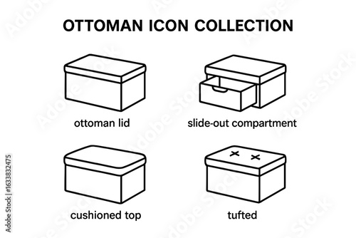 Ottoman storage box icons vector set. Outline icons collection of ottoman lid, slide-out compartment, cushioned top, tufted seat. Modern furniture symbols for home decor, storage, interior design.