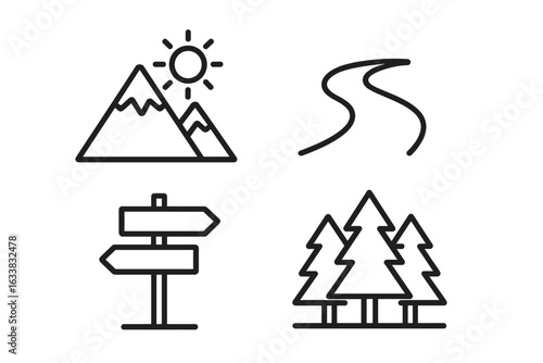 Outdoor Adventure Icons Set. Line Art Hiking and Camping Elements: Mountain Peaks with Sun, Winding River Trail, Directional Signpost, Pine Forest Trees. Nature Travel Vector Illustration