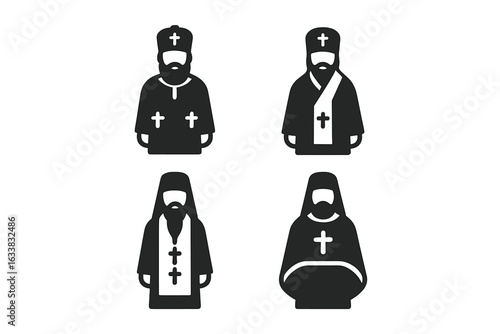 Eastern Orthodox Clergy Vector Set. Solid Filled Icon Collection of 4 Monastic Priest Outfits Showing Sakkos, Omophorion, Epitrachelion, Phelonion, Robes, Headwear. Religious Attire Illustration