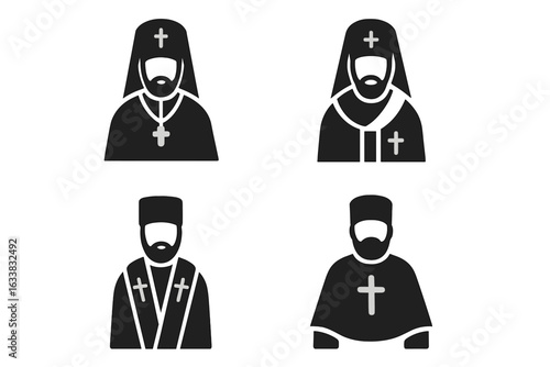 Eastern Orthodox Clergy Vector Icons Set. Four Solid Black Figures in Traditional Religious Robes and Headwear. Sakko, Omophorion, Epitrachelion, Phelonion, Cross and Hat Outfits, Isolated Clipart