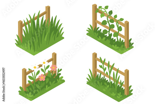 Overgrown vegetation fence set. Isometric vector icons of tall grass, wildflowers, climbing vines, lush greenery, wooden garden fence, unkempt yard, botanicals, plant growth, nature illustration