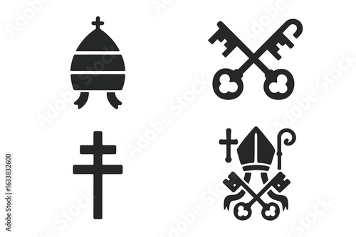 Papal Symbols Icon Set. Solid Filled Vector Illustrations of Papal Tiara, Keys of Saint Peter, Papal Cross, Bishop Mitre, Crosier, Ecclesiastical Insignia. Catholic, Vatican, Religious Emblems