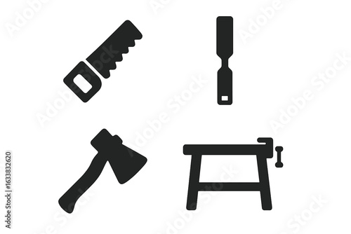 Outdoor Woodworking Tools Icons Set. Solid Black Vector Hand Saw, Wood Chisel, Axe, Carpenter Workbench. Craftsmanship Equipment Symbols for Carpentry, Joinery, and DIY Projects