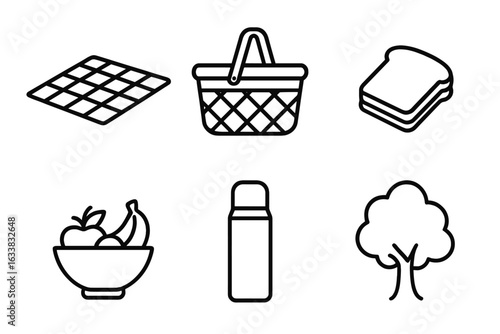 Picnic Essentials Vector Icons Set. Outline Illustrations of Picnic Blanket, Basket, Sandwich, Fruit Bowl, Thermos Bottle, Tree. Outdoor Eating, Family Picnic, Leisure Food Concept Isolated