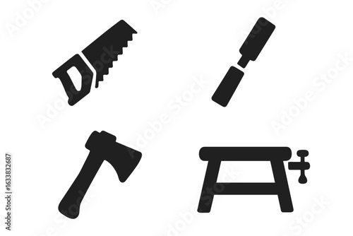 Outdoor woodworking tool icons set. Black silhouette vector illustration of carpentry hand saw, wood chisel, axe, workbench with clamp. Craftsmanship tools for carpenters and woodworkers, isolated