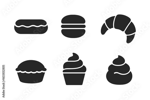 Pastry icon set. Solid filled bakery icons of eclair, macaron, croissant, tart, cupcake, cream puff, profiterole. French dessert vector illustration. Sweet food, patisserie, confectionery icons.