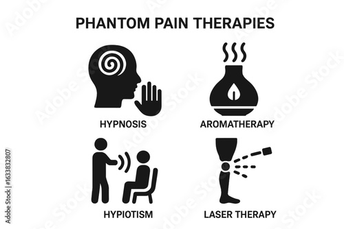 Phantom Pain Therapies Icon Set. Alternative Pain Management Methods Symbols. Hypnosis, Hypnotism, Aromatherapy, Laser Therapy for Amputees. Solid Style Vector Medical Illustration.