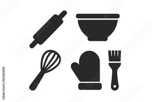 Baking and Pastry Kitchen Tools Vector Icon Set. Silhouette Rolling Pin, Mixing Bowl, Wire Whisk, Oven Mitt, Pastry Brush. Culinary Utensils for Cooking, Baking, Bakery Equipment, Restaurant Supplies