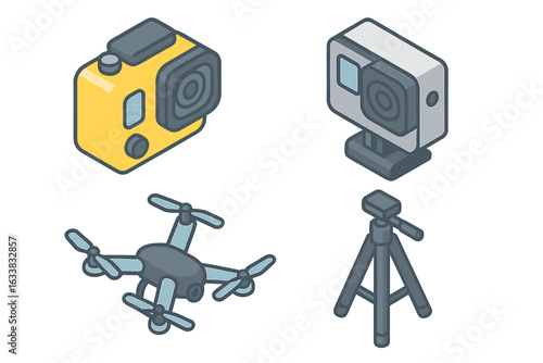 Action Camera Drone Tripod Set. Isometric Vector Illustration of Waterproof Action Cameras, Drone with Camera, Tripod Stand. Sport Adventure Photography Gear Icon Pack for Travel Content Creators