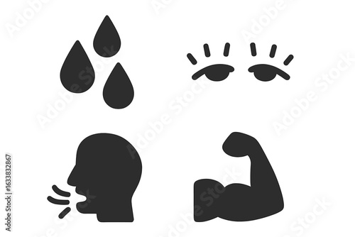 Physical Exertion Icons Set. Solid Black Vector Illustration of Sweat Droplets, Tired Eyes, Heavy Breathing Face, Flexed Muscle Arm. Fitness Fatigue, Tiredness, Workout, Effort, Exhaustion Concept