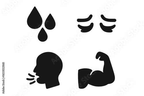 Physical exertion icons set with solid filled design including sweat droplets, tired eyes, heavy breathing, and muscle symbols, representing effort, fatigue, and fitness concepts in vector format